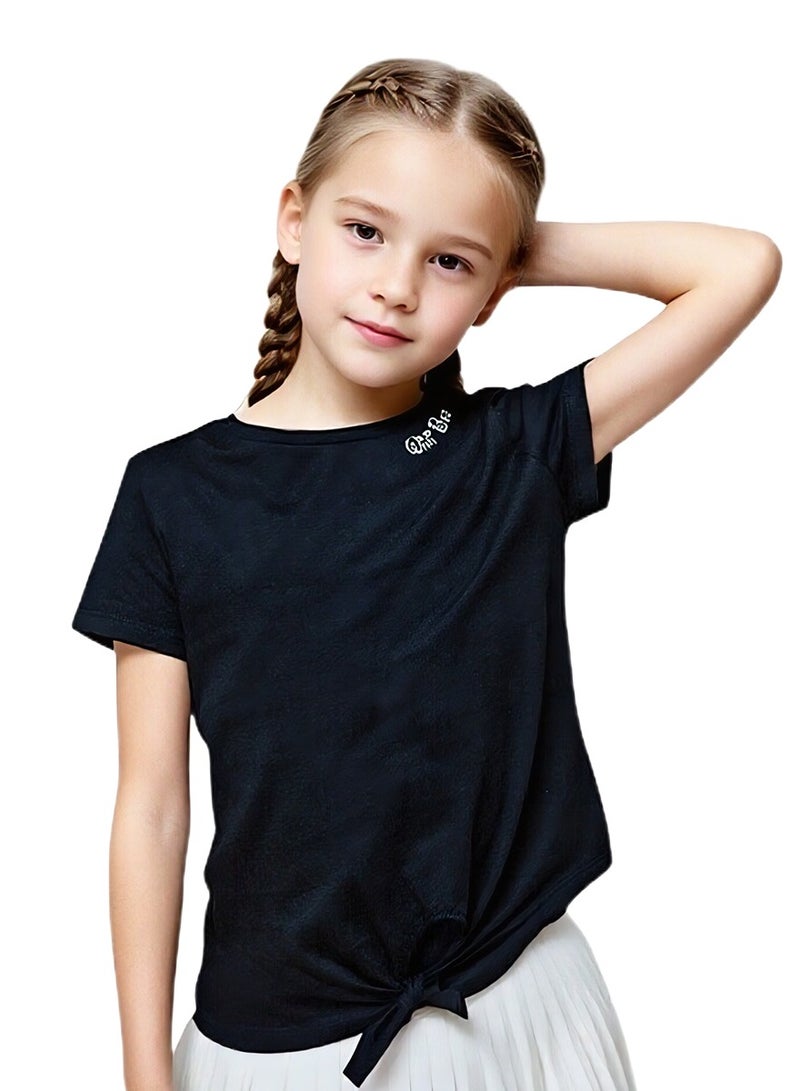 WiNi BEE Girls T-Shirt | Short Sleeve with Front Tie Detail | Black Top with 'Girls Club' Sequins & Floral Graphics | Cute Casual Tee for Ages 8-10, 10-12, 12-14, 14-16 Years - Image 1